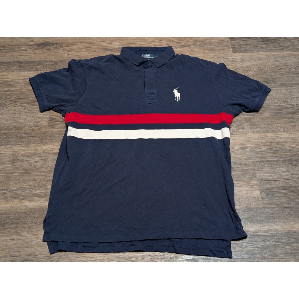 Polo Ralph Lauren Mens XL Navy‎ Blue Red White Striped Short Sleeve Ruby Polo